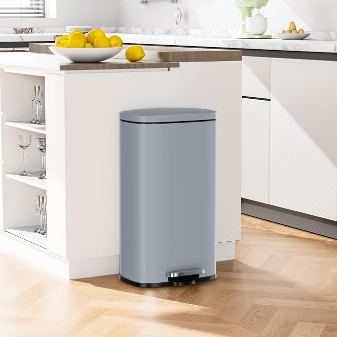 Arlopu 8/13.2 Gallon Step Trash Can, Stainless Steel Garbage Bin, Soft-Close Rubbish Bin with Removable Plastic Inner Bucket, Fingerprint-Proof, Lid Dustbin, Suit for Kitchen Home (Haze Blue, 30L)