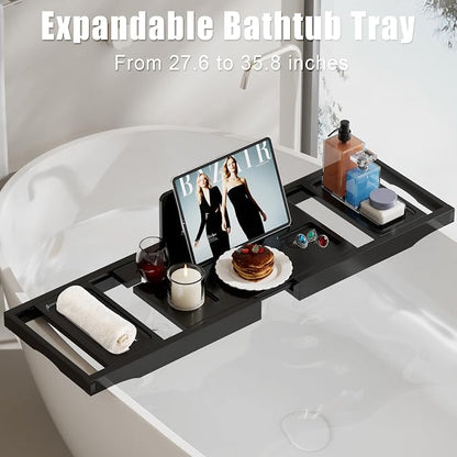 Bathtub Tray Caddy,Premium Bamboo Expandable Bath Tub Trays Table, Foldable Bathroom Accessories,Great House Warming, Anniversary and Birthday Gifts,Black