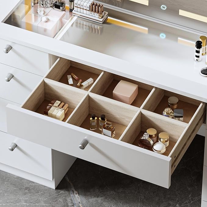 46 INCH Makeup Vanity Desk with Mirror - Glass Tabletop Vanity Table with Lights, Drawers, Power Outlet, Large Storage Desk for Bedroom, White