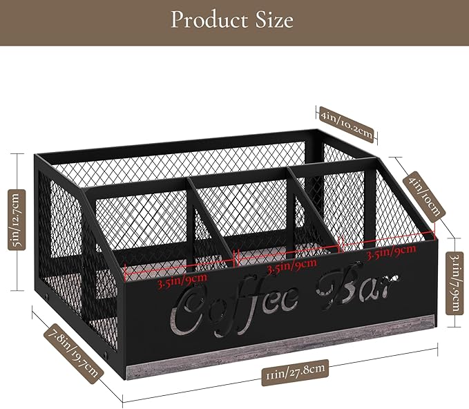 Coffee Bar Organizer for Countertop, Wooden Counter Station Organizer with Metal Mesh Basket, Coffee Bar Accessories Decor for Pods Condiment Syrup Tea Sugar, Gray