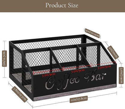 Coffee Bar Organizer for Countertop, Wooden Counter Station Organizer with Metal Mesh Basket, Coffee Bar Accessories Decor for Pods Condiment Syrup Tea Sugar, Gray