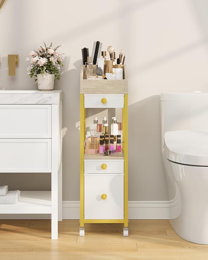 CHOEZON Makeup Organizer Storage Cart with Drawers, Floor-Standing Makeup and Skincare Organizer with Wheels, Bathroom Vanity Make Up Organizers for Brush, Hair Tool, White, Gold, and Natural TCJ90JW