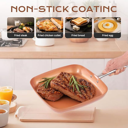 Non-Stick Copper Square Frying Pan, 12" Chef Skillet with Ceramic Coating, Oven Dishwasher Safe, PFOA-Free, Home Use for All Stoves