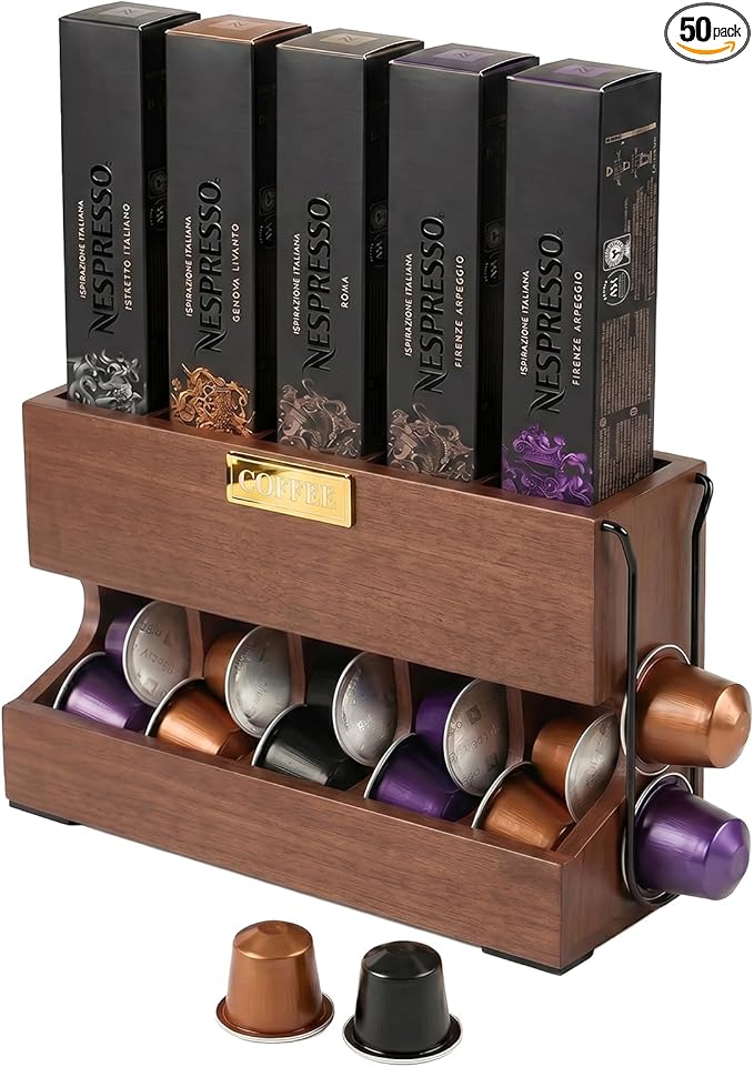 Wood Pod Dispenser Designed for Nespresso Original Line Capsules, Freestanding Countertop Pods Rack, Coffee Pods Holder for Home Office Kitchen Counter, Dispenses 5 Coffee Flavors (Brown) (5 Columns)