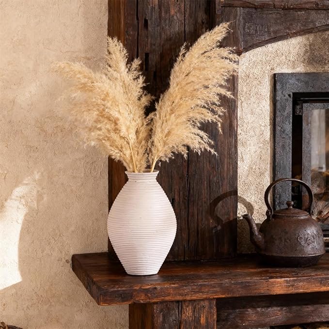 White Rustic Vase – 8.6" Farmhouse Vase for Table Centerpiece, Resin Vintage Vases for Pampas Grass, Farmhouse Decor for Dining Table, Entryway, Mantel or Living Room Shelf