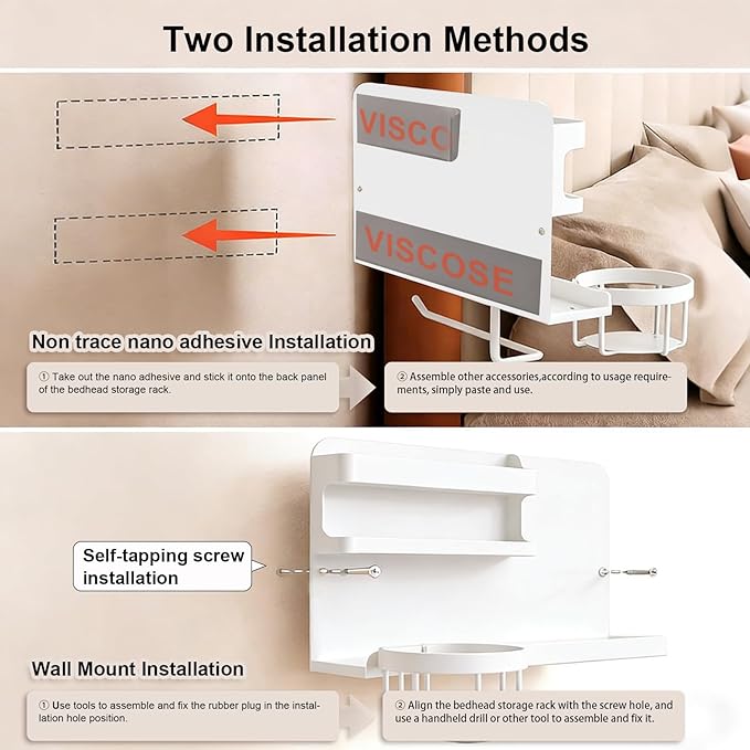 Bcareself Bedside Wall Organizer, Floating Bedside Shelf Wall Mount, Dorm Room Essentials, Remote Control Holder, Dorm Decor Organization and Storage Cool Teen Girls Trendy Stuff (White)