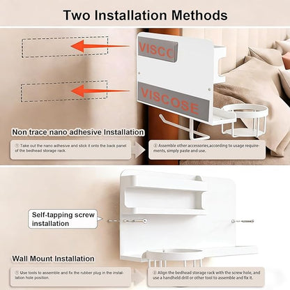 Bcareself Bedside Wall Organizer, Floating Bedside Shelf Wall Mount, Dorm Room Essentials, Remote Control Holder, Dorm Decor Organization and Storage Cool Teen Girls Trendy Stuff (White)