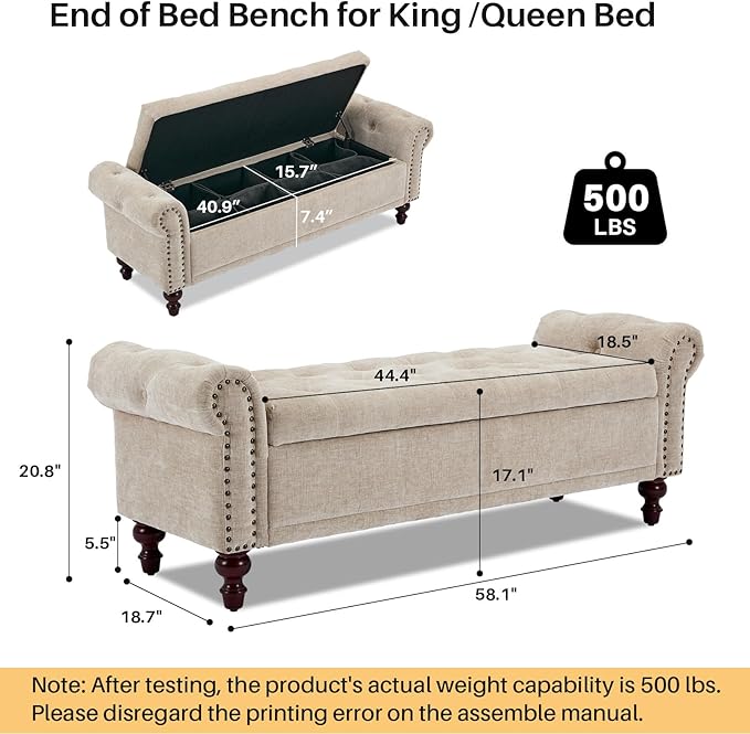 58.1" Storage Bench Upholstered Chenille End of Bedroom Bed Bench Ottoman with Tufted Cushioned Rolled Arm Large Storage Space for Reading Living Room Entryway, Light Brown