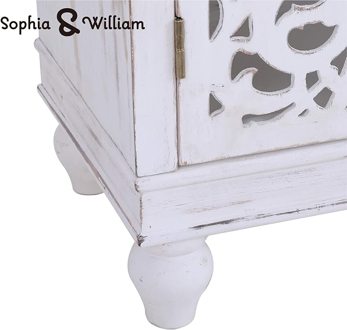 Sophia & William Accent Cabinet with Doors, Distressed Display Storage Cabinet with Wooden Frame and Hollow-Carved Floral Pattern for Entryway Living Room, White
