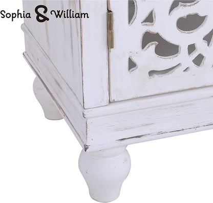 Sophia & William Accent Cabinet with Doors, Distressed Display Storage Cabinet with Wooden Frame and Hollow-Carved Floral Pattern for Entryway Living Room, White