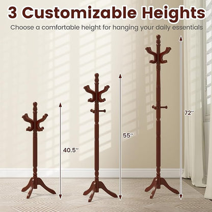 Giantex Solid Wood Coat Rack, Freestanding Hall Tree with 3 Adjustable Heights and 11 Hooks, Rubber Wood Frame, Entryway Hanger Stand, Wooden Garment Rack for Hallway, Living Room (Reddish Brown)