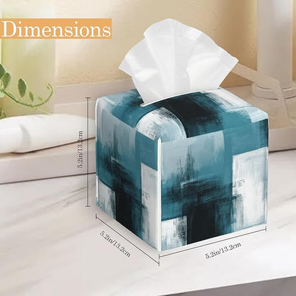 Turquoise Grey Abstract Tissue Box Cover Holder,Leather Tissue Case Holder Facial Paper Organizer Decorative for Tabletop Night Stands Desk Bathroom Kitchen Car Office Home Decor
