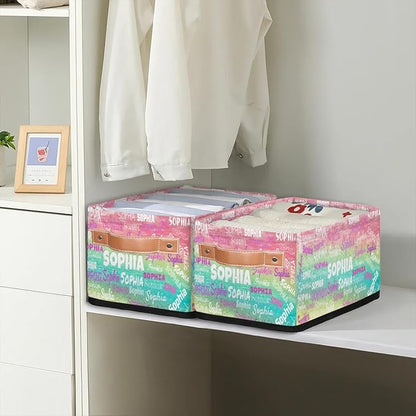 Custom Small Storage Basket Name, Rectangular Storage Bins Handles Organizing Girls Pets Toys Clothes Books for Countertop Toilet Paper Basket Closet Shelf, Pink Yellow Turquoise Glittering
