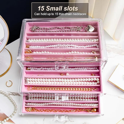 YUFONG Necklace Holder Organizer, Dustproof Necklace Box Velvet Necklace Organizer Box with Lid Clear Acrylic Dustproof Stackable Jewelry Displays for Necklaces Chain Display (Pink, 3 Drawer)