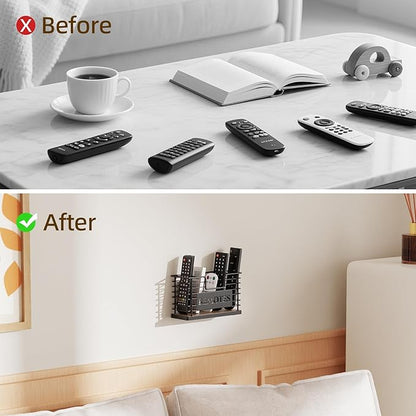 Remote Control Holder, 5-Slot TV Remote Holder Wall Mount, Universal Remote Caddy Large Size Design for Wall Table Living Room Bedroom, Easy Installation, Brown