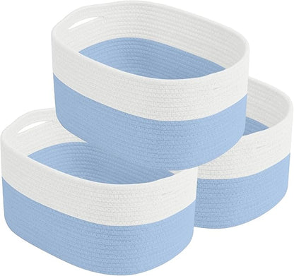 Cotton Rope Storage Basket, 15x10x9 Inches, Woven Basket for Shelves, Clothes, Towels, Books, and Laundry, White Blue (3 Pack)