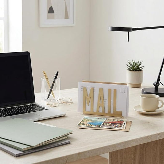 MyGift Mail Holder Organizer Countertop Modern Brass Metal with Cutout MAIL Lettering Design, Office Desktop Envelope and Document Storage Rack