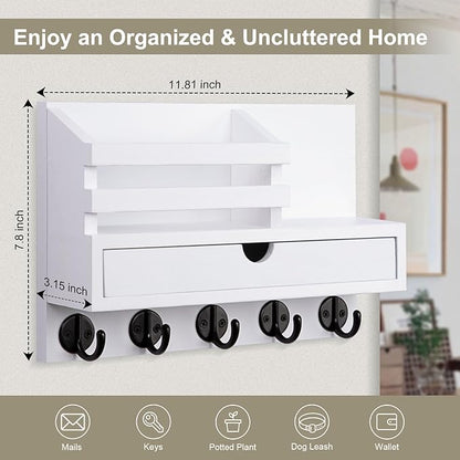 Key Holder Wall Mount, Mail Holder with Storage Drawer and 5 Key Hooks for Coat, Dog Leash, Home Decor Rack, House Accessories, Entry Way Organizer