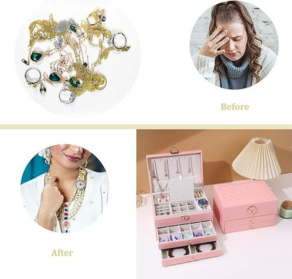 GUOER Jewelry Box for Women Girl Wife 3 Layers Large PU Leather Jewelry Organizer Storage Case with Two Layers Display for Earrings Bracelets Rings Watches PINK