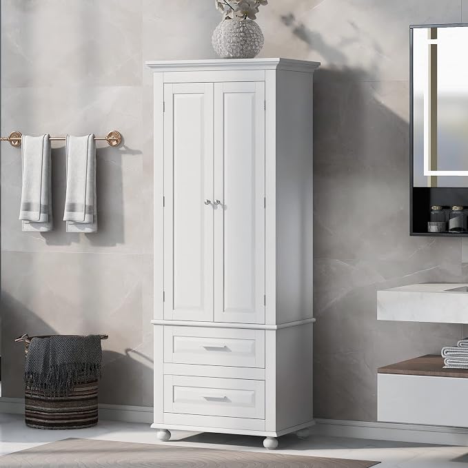 Storage Cabinet, Tall Bathroom Cabinet with Adjustable Shelf | Tall storage cabinet, upper enclosed cabinet and 2 pull-out compartments keep daily essentials organized