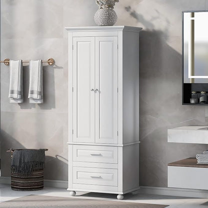 Storage Cabinet, Tall Bathroom Cabinet with Adjustable Shelf | Tall storage cabinet, upper enclosed cabinet and 2 pull-out compartments keep daily essentials organized