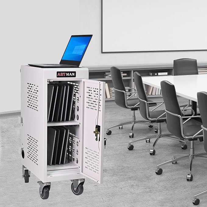Aokleo 16 Devices Laptop Charging Cart,Tablet Storage Carts for pad Up to 16.3" Screen Size, Classroom Computer Mobile Charging Station for Pads, Chromebooks,Laptops, Security Storage(16 Bay-White)