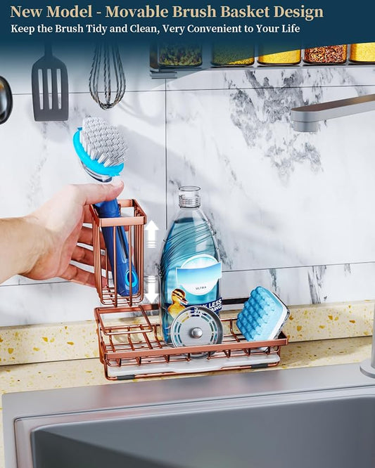 Consumest Sponge Holder for Kitchen Sink - Sink Caddy Kitchen Organizer with Removable Drip Tray for Countertop Dish Soap Dispenser Brush Storage Accessories 304 Stainless Steel, Rose Gold