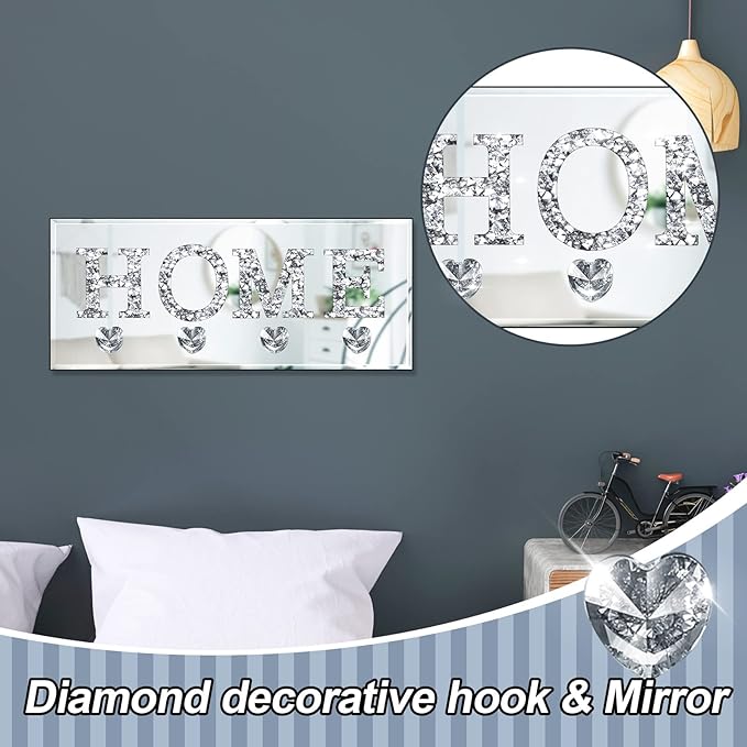 Keys Holder on Wall Crush Diamond Mirrored Home Letter Plaque Sign Wall Mounted Clear Heart Shape Hooks Key Hanger Christmas Gift Door Bookshelf Decorative