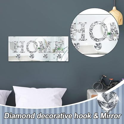 Keys Holder on Wall Crush Diamond Mirrored Home Letter Plaque Sign Wall Mounted Clear Heart Shape Hooks Key Hanger Christmas Gift Door Bookshelf Decorative