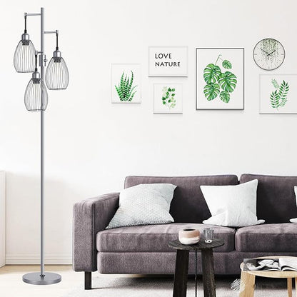 Nintiue Dimmable Floor Lamp, 3 x 800LM LED Edison Bulbs Included, Industrial Floor Lamp Standing Tree Lamp with Elegant Teardrop Cage Heads Tall Lamps for Living Room Bedroom-Grey
