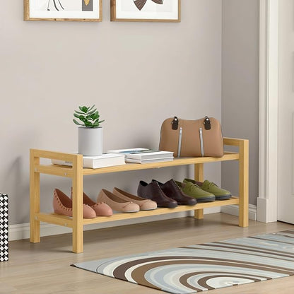 Haddockway Bamboo Shoe Rack for Closet, Free Standing Shoe Organizer with Smooth Round Rods & Convenient Handles, Stackable Shoe Storage Shelf for Entryway, Hallway(Natural, 2-Tier)