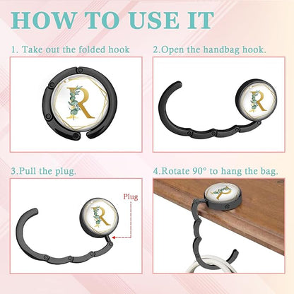 Gold Initial Foldable Purse Hook Gifts, Eucalyptus Letter Handbag Hanger, Women's Bag Hanger Holder, Round Purse Table Hook, Funny Desk Decor Gifts for Women Coworker Friend (Eucalyptus R)