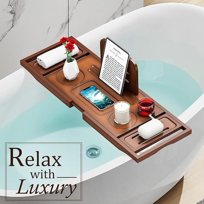 Bathtub Tray Caddy - Bath Tray - Bath Tub Tray Caddy - Bamboo Bath Table Tray for Tub - Expandable Size, Fits Most Tubs