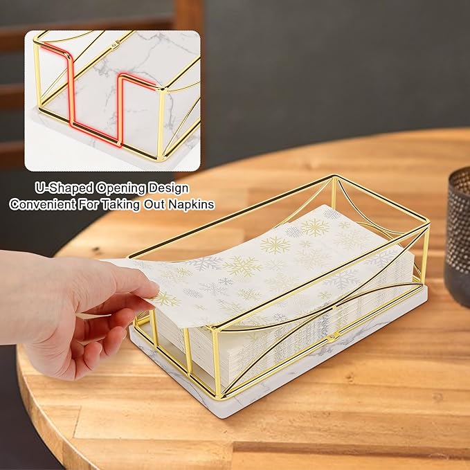 Livabber Guest Napkin Holder, Metal Bathroom Paper Hand Towel Storage Modern Napkin Tray Caddy for Countertop, Table Kitchen, Dinning Room (Gold, Marble Base)