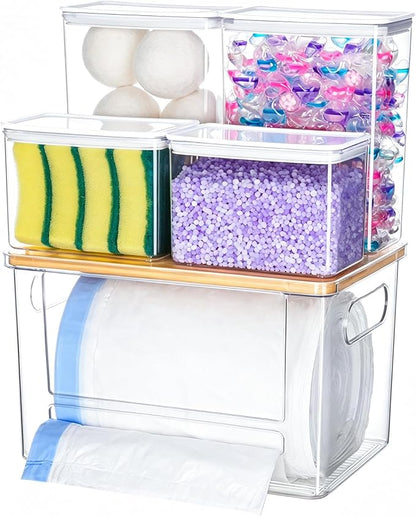 iCASA Trash Bag Dispenser Dishwasher Pods Container, 5 in 1 Garbage Bags Holder Under Sink Organizer Acrylic Laundry Pod Detergent Powder Container, Kitchen Pantry Laundry Room Organization Storage