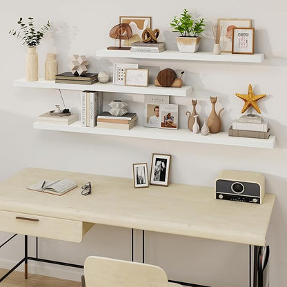 Fun Memories Floating Shelves for Wall, 55Inch Floating Shelves Set of 2, Hanging Shelf with Invisible Brackets, Wood Shelves for Living Room, Bedroom, Kitchen, White