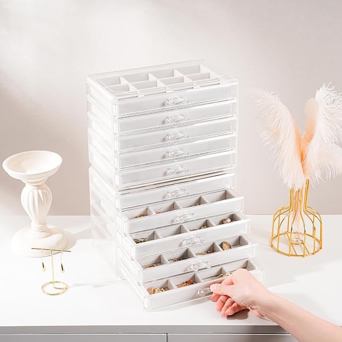 Lolalet Earring Holder Organizer Box Jewelry Storage with 10 Drawers, Clear Acrylic Stackable Earring Case with Adjustable Velvet Trays for Women on Dresser Vanity - Warmwhite,10 Layers