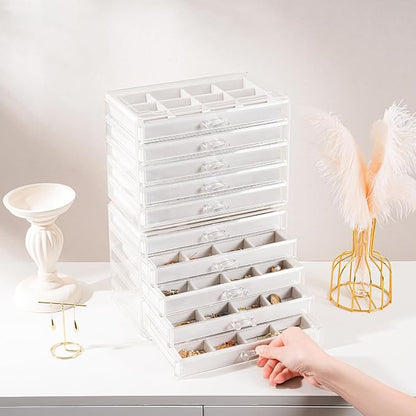 Lolalet Earring Holder Organizer Box Jewelry Storage with 10 Drawers, Clear Acrylic Stackable Earring Case with Adjustable Velvet Trays for Women on Dresser Vanity - Warmwhite,10 Layers
