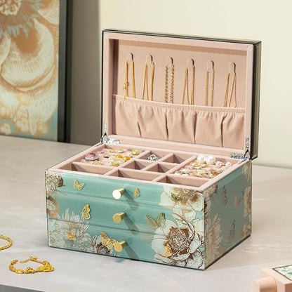 High End Glass Jewelry Box - 3 Layer Jewelry Organizer - Velvet-Lined Case For Ring, Necklace, Earring, Bracelet Storage - Green Floral and Bird - Christmas Gifts For Women