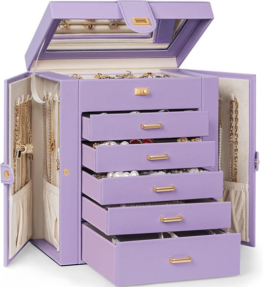 AKOZLIN 6-Tier Jewelry Box Organizer Functional 5 Drawers Leather Jewelry Storage Case for Women Girls Ring Necklace Earring Bracelet Holder Organizer with Mirror Medium Violet