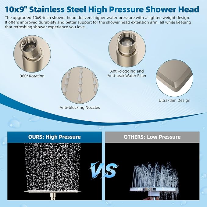 Hibbent All Metal cUPC Certified Shower Head, 10'' High Pressure Rain Shower Head, Handheld Showerhead Combo with 16'' Adjustable Extension Arm, 10 Sprays, 71'' Hose, Showerhead Holder, Brushed Nickel