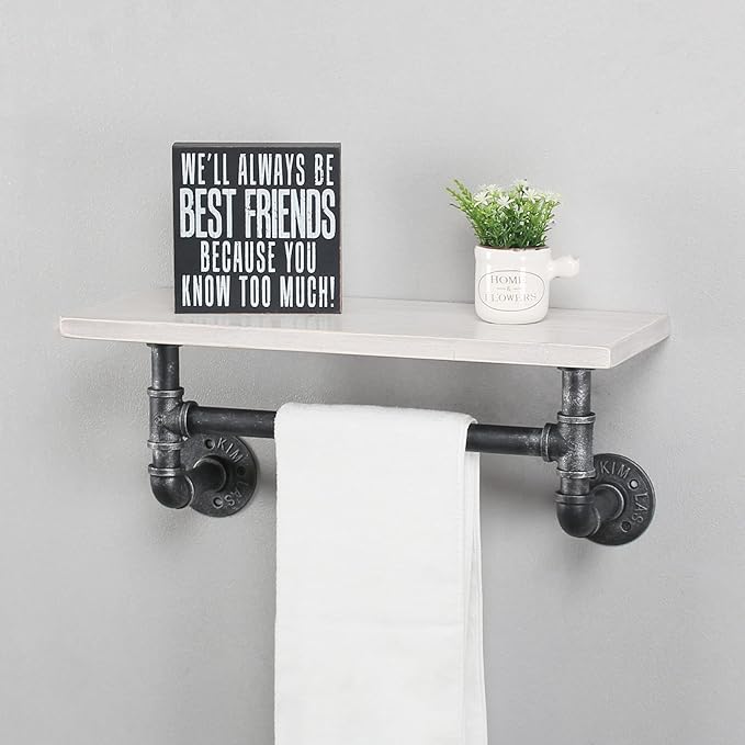 Industrial Pipe Shelf Bathroom Shelves Wall Mounted,19.6in Rustic Wood Shelf with Towel Bar,1 Tier Farmhouse Towel Rack Over Toilet,Pipe Shelving Floating Shelves Towel Holder,Retro White