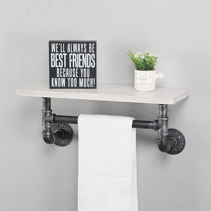 Industrial Pipe Shelf Bathroom Shelves Wall Mounted,19.6in Rustic Wood Shelf with Towel Bar,1 Tier Farmhouse Towel Rack Over Toilet,Pipe Shelving Floating Shelves Towel Holder,Retro White