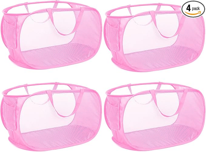 4 Pcs Durable Collapsible Laundry Baskets, Foldable Large Opening Pop Up Laundry Hamper with Pocket, Clothes Hamper with Handles for Laundry, Bathroom, Kids Room, Dorm or Travel Pink