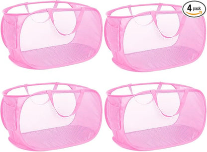 4 Pcs Durable Collapsible Laundry Baskets, Foldable Large Opening Pop Up Laundry Hamper with Pocket, Clothes Hamper with Handles for Laundry, Bathroom, Kids Room, Dorm or Travel Pink