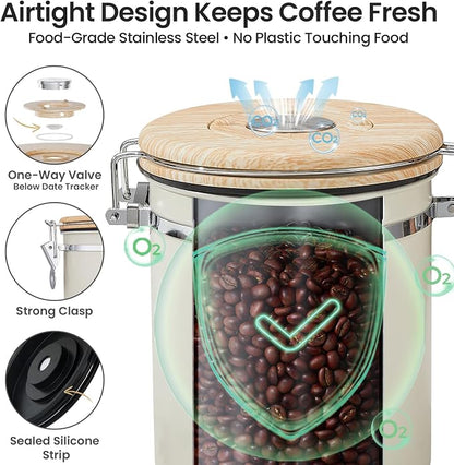 Veken Coffee Canister, Airtight Stainless Steel Kitchen Food Storage Container with Date Tracker and Scoop for Beans, Grounds, Tea, Flour, Cereal, Sugar, Cookie, 16OZ, Cream