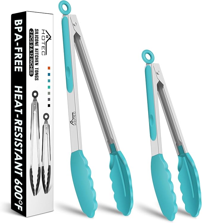 HOTEC Premium Stainless Steel Locking Kitchen Tongs with Silicon Tips, Set of 2-9" and 12", Blue