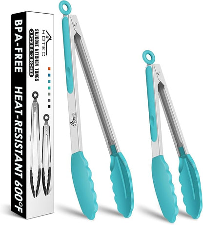 HOTEC Premium Stainless Steel Locking Kitchen Tongs with Silicon Tips, Set of 2-9" and 12", Blue