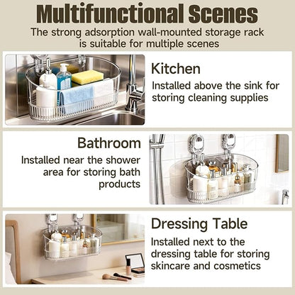 No-Drill Bathroom Suction Storage Box, Large Capacity Suction Cup Shower Shelf and Removable No Drill Storage Basket with Drain Holes, Strong Hold Wall Organizer for Bathroom Shower Kitchen Sink