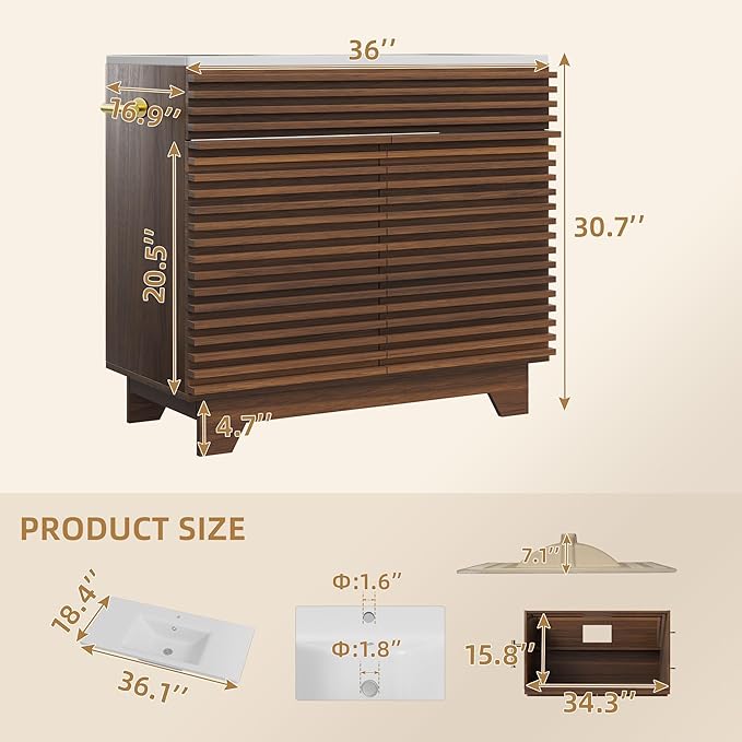 VNN 36 Inch Bathroom Vanity with Ceramic Sink - Freestanding Modern Bathroom Storage Vanity Cabinet with Fluted Design, Soft-Close Doors, Shelves, Toilet Paper Holder & Towel Hooks, Walnut